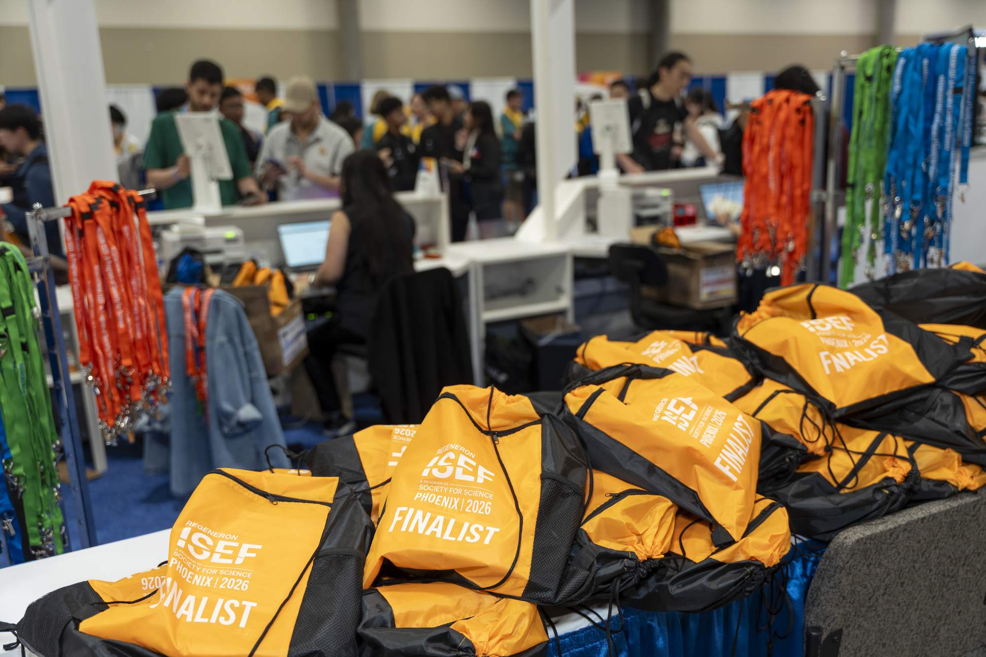Rows of Regeneron ISEF finalist bags waiting at registration